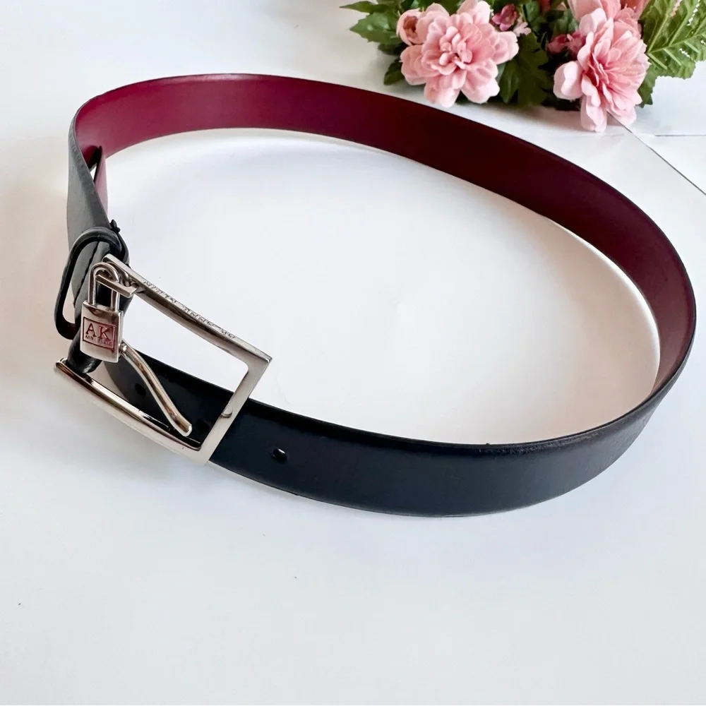 Anne Klein “AK” Black Genuine Leather Silver Lock Charm Rectangle Buckle Belt